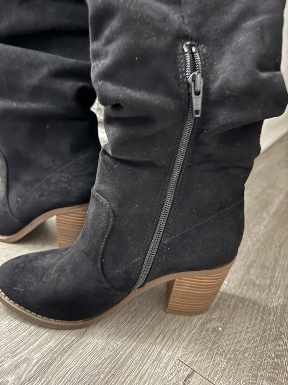 Tall Black Suede-Look Stacked Heel Boots with Side Zip - Picture 3 of 6